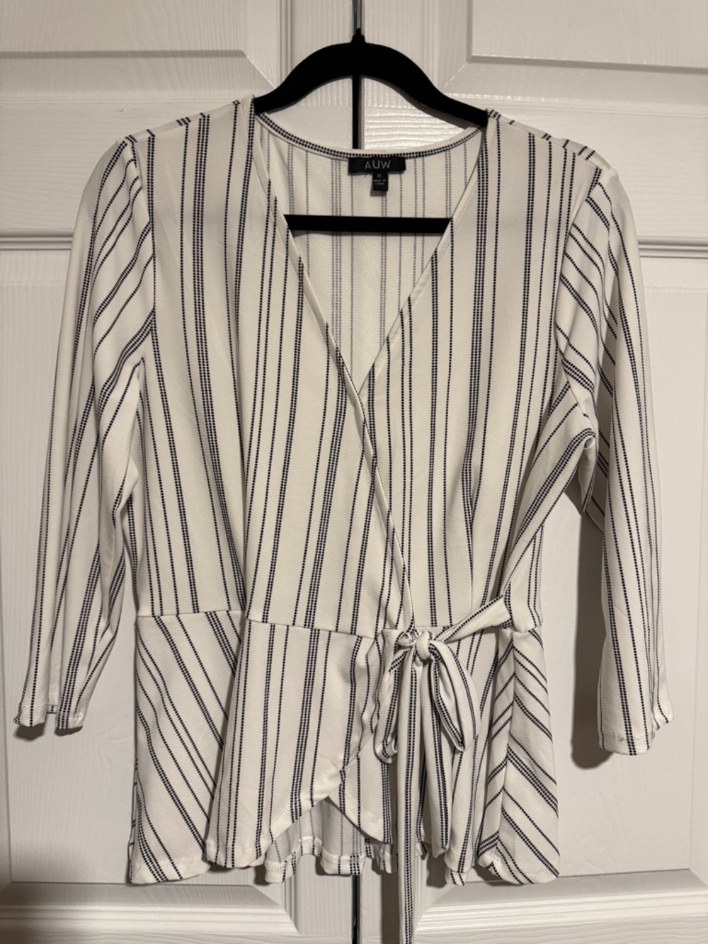 AUW White and Black Striped Wrap Tunic with Side Tie